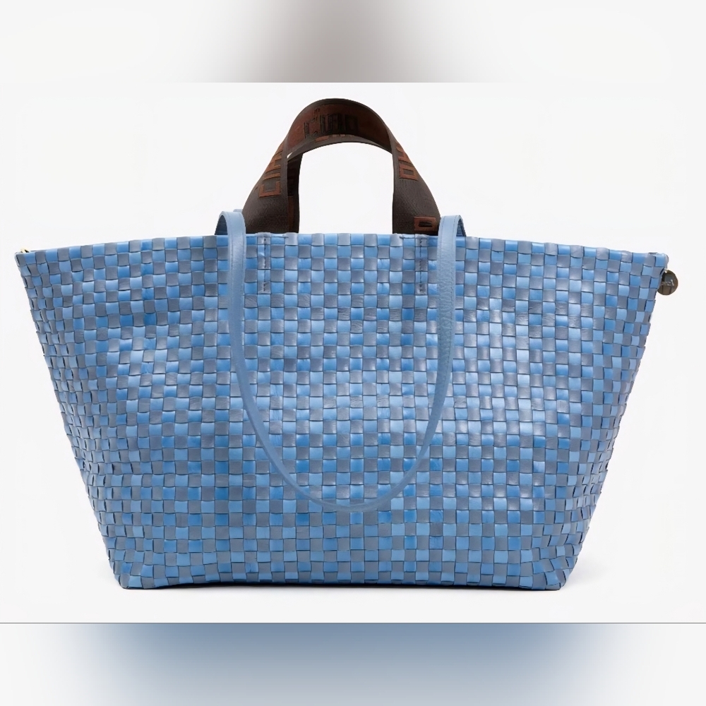 Clare V. Bateau Tote Lighr Blue Woven Checked